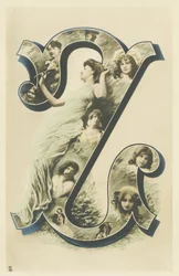 Z : foto-ritratto di donna in un lungo drappo blu, diversi busti di donne nella lettera - Ritratti alfabetici di donne. A. L. editore