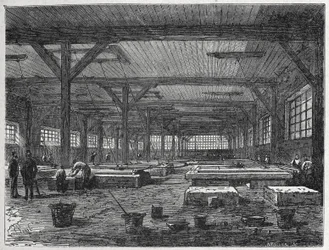 Fabbrica di vetro: produzione di uno specchio, c.1880