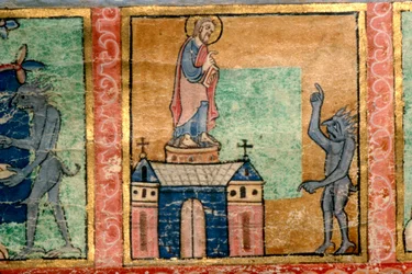 Dettaglio da un Salterio, Tentazione di Cristo probabilmente illuminato a Canterbury, c1140