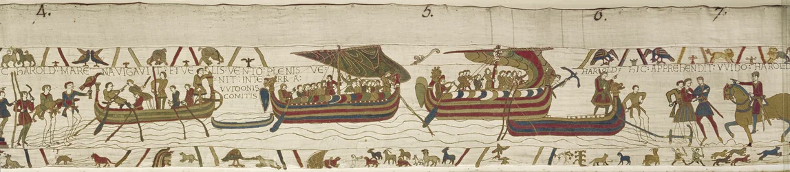 Harold attraversa il Canale nel territorio di Guy, Conte di Ponthieu, dove viene catturato, Arazzo di Bayeux