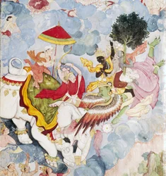 Krishna su Garuda combatte Indra su elefante, manoscritto Harivamsa, c1590