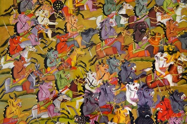Pittura Marwar: (dettaglio) da I demoni si preparano alla battaglia contro la dea Durga, Museo del Palazzo del Forte Mehrangarh, Jodhpur, Rajasthan, India