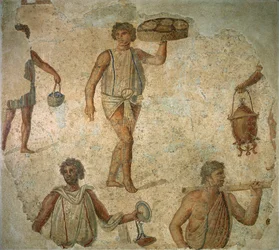 Preparativi per un banchetto, frammento di pavimento a mosaico di marmo, calcare e vetro da Cartagine, Romano, c.180-90 d.C.
