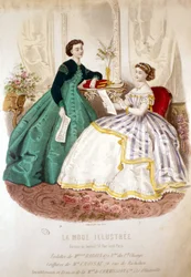 2 donne che leggono: toilette di Miss Raboin e le acconciature di M. Croisat - in "La Moda illustrata"