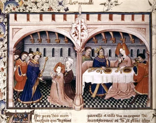 Giovanna a pranzo con Federigo Alberighi, illustrazione dal Decameron di Boccaccio (1432)