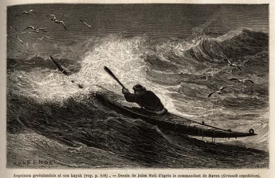 Un kayak della Groenlandia, che supera la barriera delle onde. Incisione per illustrare il viaggio al mare libero del polo artico, del dottor Hayes, chirurgo della Marina degli Stati Uniti, nel 1860-1862, pubblicato in "Le tour du monde, nouveau journal de