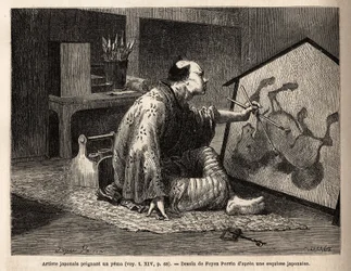 Un artista giapponese che dipinge uno yema (dipinto di cavallo leggendario). Incisione per illustrare il viaggio in Giappone, nel 1863-1864, di Aime Humbert, ministro della Confederazione Svizzera, in 