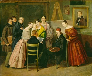 Pittore e visitatori in uno studio, 1835 circa (olio su carta su tela)