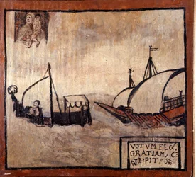 Una galea barbaresca insegue una barca di pescatori napoletani. Ex-voto del XVII secolo. Madonna dell