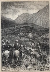 Un campo di battaglia - illustrazione del XIX secolo per il romanzo storico "I Puritani di Scozia" (Old Mortality) di Walter Scott (1771-1832)