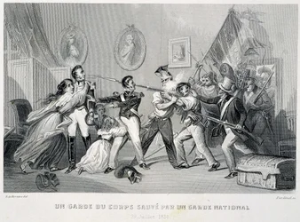 Una guardia del corpo viene salvata da una guardia nazionale (29 luglio 1830) - in «Fastes des Gardes nationales de France»