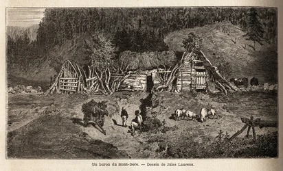 Un buron di Mont-Dore (Mont Dore), un edificio situato nei pascoli di montagna della Francia centrale, opera stagionalmente, utilizzato per fare formaggio da maggio a ottobre e per ospitare le mucche. Incisione per illustrare il viaggio ai vulcani della Fr