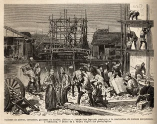 Un cantiere per una casa europea a Edo (Tokyo) con tagliapietre, terrassieri, gacheers di malta, intonacatori e carpentieri impiegati lì. Incisione per illustrare il viaggio in Giappone, di Aime Humbert, ministro della Confederazione Svizzera, nel 1863-18
