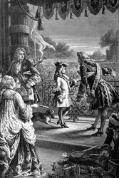 Una cortigiana mostra al giovane Luigi XV la folla in festa e gli dice Un giorno tutto questo sarà tuo. Incisione del XIX secolo