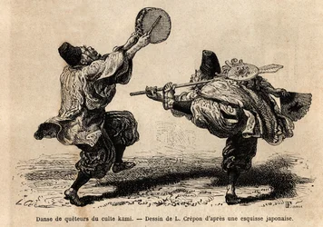 Una danza della confraternita del culto Kami, con recitazione di litanie e figure coreografiche inaspettate. Incisione per illustrare il viaggio in Giappone, di Aimé Humbert, ministro della Confederazione Svizzera, nel 1863-1864, pubblicato in "le tour du 