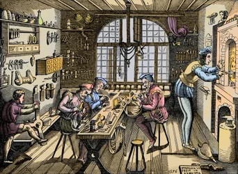 Laboratorio di un orafo - Artigianato: vista del laboratorio di Etienne Delaune (1518-1583), orafo, incisore francese. Incisione da un originale del 1576. Laboratorio di Etienne Delaune, orafo a Parigi