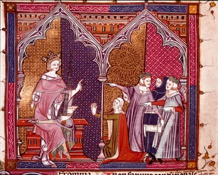 Un re che amministra la giustizia Miniatura tratta da "Justiniani in Fortiatum" 14° secolo Biblioteca Reale del Monastero dell