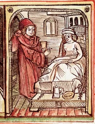 Un medico somministra al paziente un trattamento a base di piante medicinali. Incisione dal «Tractatus de pestilentia», XV secolo - Praga, Biblioteca nazionale