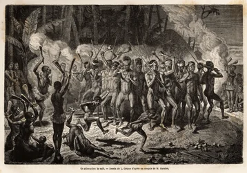 Un pilou-pilou (o pill o pill) nella notte, una danza tradizionale delle cerimonie tribali kanak. Incisione per illustrare il viaggio in Nuova Caledonia, di Jules Garnier, ingegnere civile delle miniere, nel 1863-1866, pubblicato in "Le tour du monde, nouv