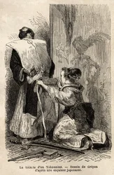 La toilette di un samurai, una giovane domestica la aiuta a legare il kimono. Incisione per illustrare il viaggio in Giappone, nel 1863-1864, di Aime Humbert, ministro della Confederazione Svizzera, in 