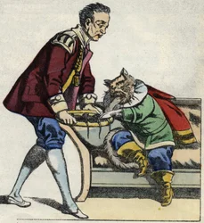 Un servitore serve al gatto con gli stivali un vassoio di topi. Illustrazione del racconto "Il gatto con gli stivali" di Charles Perrault