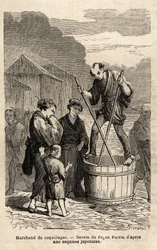Un venditore di conchiglie in mezzo alla strada si alza in equilibrio sul barile contenente la sua merce, che traina con due lunghi bastoni. Incisione per illustrare il viaggio in Giappone, nel 1863-1864, di Aimé Humbert, ministro della Confederazione Sviz