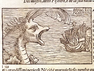 Un capodoglio (?) (physeter) attacca una nave. Incisione di Olaus Magnus (1490-1557), religioso e geografo svedese, 
