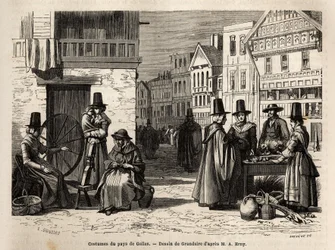 Una strada in Galles, con abitanti vestiti in costumi tradizionali e attività quotidiane: una famiglia di prima mano e donne che filano lana con ruote. Incisione per illustrare un viaggio nel paese di Galles, nel 1862, di Alfred Erny, in "Le tour du monde,