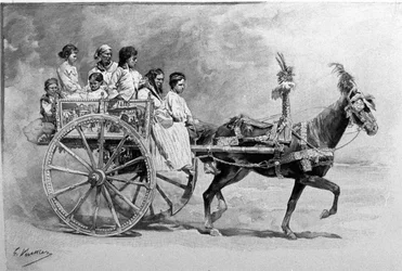 Un carretto tradizionale siciliano. Incisione del XIX secolo