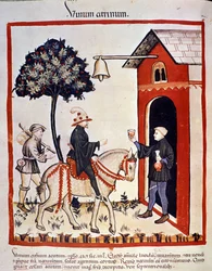Un viaggiatore è accolto in una locanda e gli viene offerto un bicchiere di vino. Miniatura dal "Tacuinum sanitatis"