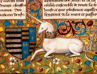 Un unicorno e uno stemma. Dettaglio di una pagina di manoscritto del XV secolo - Chantilly, Museo Condé