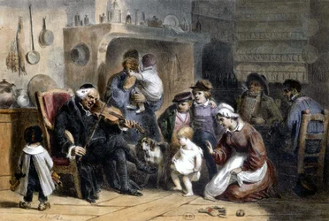 Una veglia: famiglia riunita attorno a un prete che suona il violino. XIX secolo