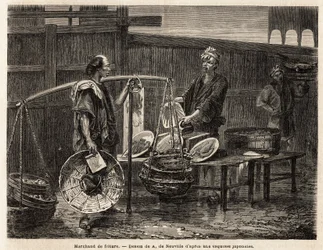 Un venditore ambulante di frittelle, porta i suoi ciambelle in cesti e si reca al mercato per vendere, agli altri commercianti, il pranzo. Incisione per illustrare il viaggio in Giappone, nel 1863-1864, di Aime Humbert, ministro della Confederazione Svizze
