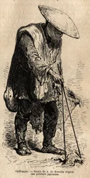 Un raccoglitore di stracci, usando lunghi bastoncini afferra gli stracci che ripone nel suo cesto prima di venderli a un grossista. Incisione per illustrare il viaggio in Giappone, di Aime Humbert, ministro della Confederazione Svizzera, nel 1863-1864, pub