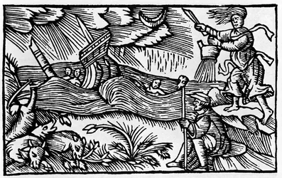 Una strega provoca una tempesta dopo "Historia de gentis nortentrionalibus" di Olaus Magnus, Roma 1555