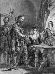 Abdicazione di Maria I Stuart (1542-1587), Regina di Scozia e Francia (1559-1560). Incisione del 1861.
