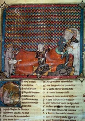 Adenet le Roi (circa 1240- circa 1300), poeta e menestrello, recita il romanzo di Cleomades davanti a Matilde di Brabante (1224-1288) e la Principessa Bianca di Castiglia