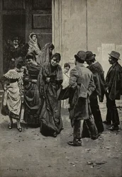 Dopo la messa, dipinto di Arnaldo Ferraguti (1862-1925), incisione di Sabbatini da L