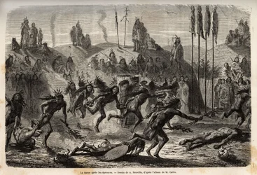 Dopo la cerimonia di auto-donazione al Grande Spirito, i giovani guerrieri abbracciano una danza frenetica e sfrenata, i più deboli vengono trascinati a terra, tra gli indiani Mandans (o noumah ka kie: fagiani), sulla riva sinistra del Missouri. Incisione 