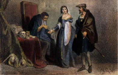 Agnese Sorel (1422-1450) (Dama di Beaute sur Marne), conosciuta come "La Bella Agnese", favorita di Carlo VII che consulta un astrologo. Incisione del 19° secolo. Biblioteca di Brera. Milano