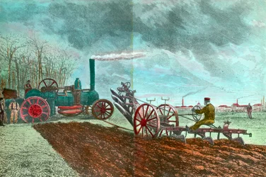 Lavoro agricolo e progresso: aratura a vapore. Incisione del XIX secolo Collezione privata