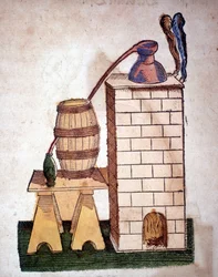 Alchimia: apparecchio per la distillazione. Incisione da un libro di Pietro Andrea Mattioli (Matthiole) (1500-1577). Francoforte