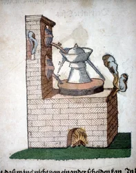 Alchimia: apparecchio per la distillazione, tratto da un libro di Pietro Andrea Mattioli (Matthiole) (1500-1577). Francoforte