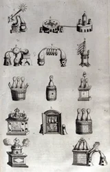 Alchimia: tavola che rappresenta diversi modelli di apparecchi di distillazione e alambicchi. Athanase Kircher (o Athanasius Kircheri 1602-1680), gesuita tedesco. Incisione del XVII secolo.