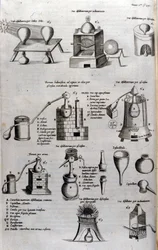 Alchimia: tavola che rappresenta diversi modelli di apparecchi di distillazione e alambicchi. Athanase Kircher (1602-1680), gesuita tedesco. Incisione del XVII secolo