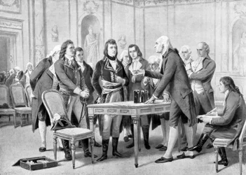 Alessandro Volta spiega a Napoleone Bonaparte il principio della sua batteria elettrica - in "The Universe and Humanity" di Kraemer