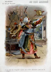 Ali Baba e i 40 ladroni (racconti delle Mille e una notte): il capo dei ladroni, vedendo scoperto il suo tesoro, giura vendetta - Cartoncino di Le Bon Marché, fine del XIX secolo