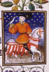 Rappresentazione allegorica di Maggio. Un giovane signore con brache che stringe al ginocchio una giarrettiera tenendo un falcone. Miniatura di un manoscritto del XIV secolo