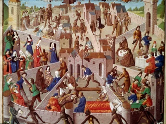 Rappresentazione allegorica della città terrena, peccato umano, orgoglio, ira, lussuria, invidia, pigrizia, eccesso e le loro virtù opposte, pietà, sobrietà... Miniatura dal manoscritto ms. 8346, fr. 18, fol. 3