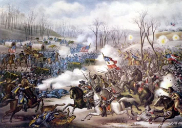 Guerra Civile Americana (1861 - 1865): Battaglia di Pea Ridge o Elkhorn Tavern (Arkansas) 06 - 08 marzo 1862. Incisione del XIX secolo